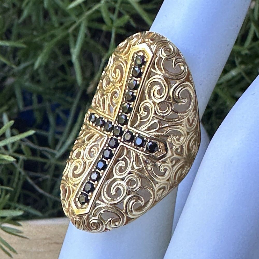VTG Bellezza‎ Statement Ring Sz 5 Black Spinel Cross Yellow Gold Plated Filigree - Picture 2 of 12